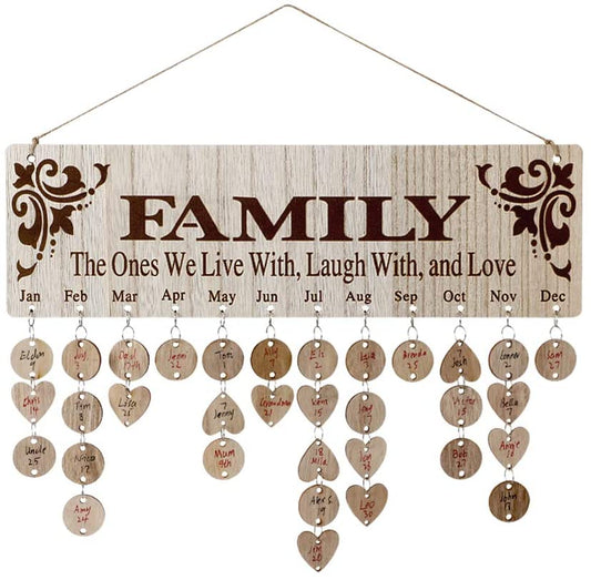 Gift for Mom and Dad - Wooden Family Birthday Reminder Calendar Board (Log Color)